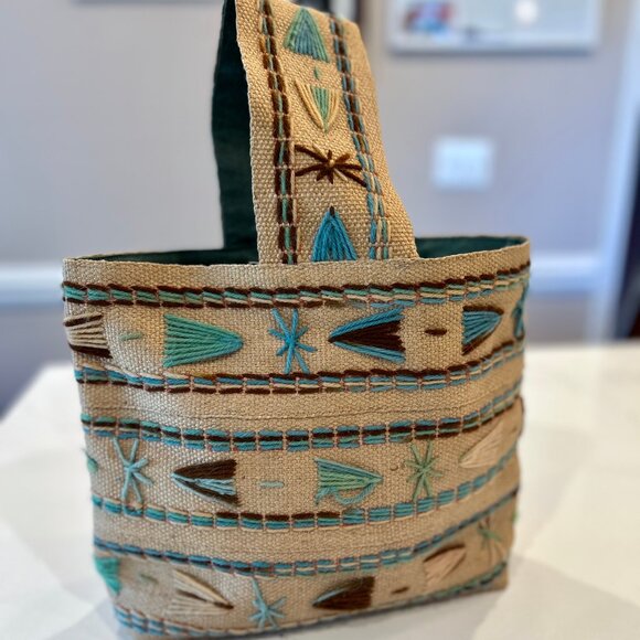 Vintage Jute Market Mini Tote Bag Handmade with Turquoise and Brown Boho Pattern - Picture 2 of 7